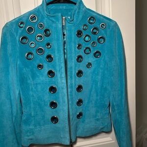 RARE VINTAGE Cache Turquoise Suede Eyelet Zip Jacket and Matching Skirt